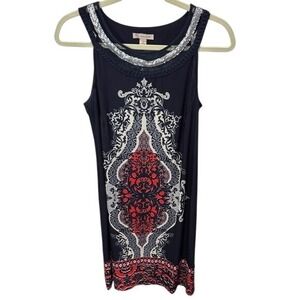 Dress Barn Sleeveless Dress Size 10 Black Red White Paisley Silver Trim